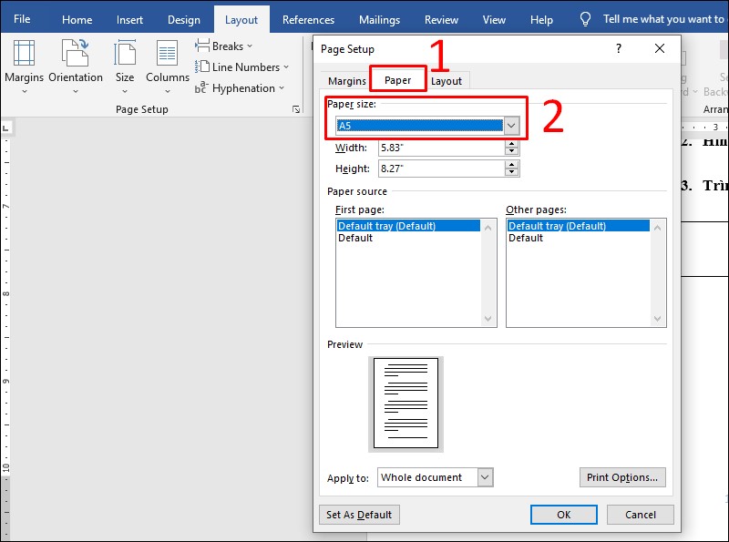 Đổi thành khổ A5 trong tab Paper ở Page Setup